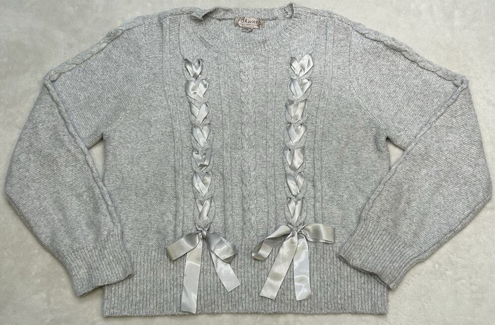 Forward Young Contemporary XL Gray Cable Knit Ribbon Bow Sweater Coquette